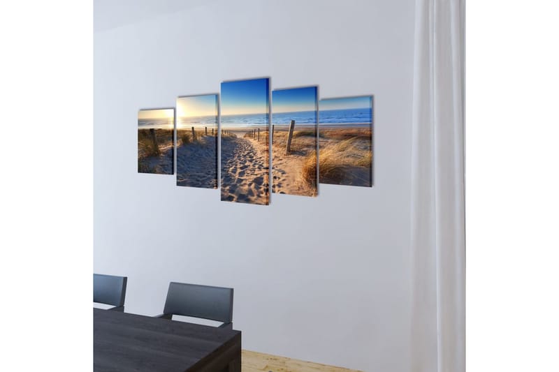 Uppsättning väggbonader på duk: strand med palm 200x100 cm - Flerfärgad - Inredning - Tavlor & konst - Canvastavlor