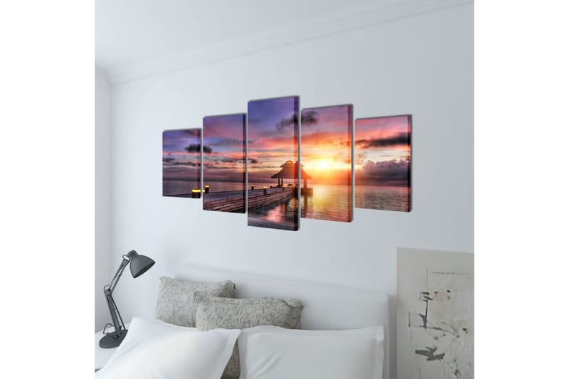 Uppsättning väggbonader på duk: strand med palm 200x100 cm - Flerfärgad - Inredning - Tavlor & konst - Canvastavlor