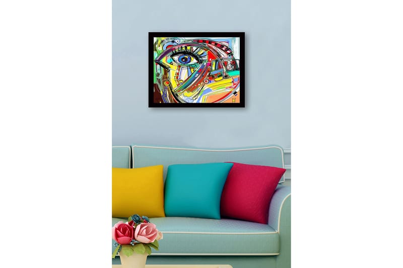 Inramad Canvastavla i trä - 41x56 cm - Abstrakt öga med färgglada linjer och former - Röd / Blå / Gul - Inredning - Tavlor & konst