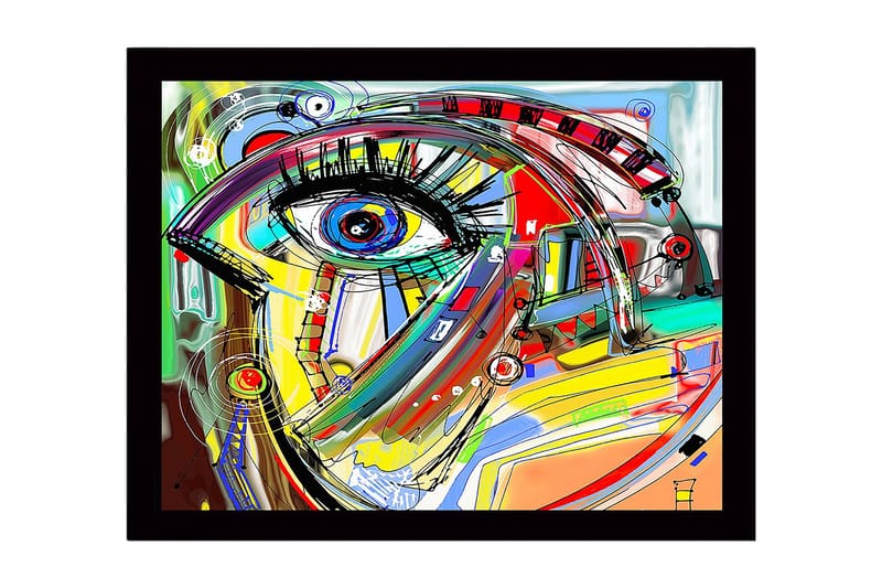 Inramad Canvastavla i trä - 41x56 cm - Abstrakt öga med färgglada linjer och former - Röd / Blå / Gul - Inredning - Tavlor & konst