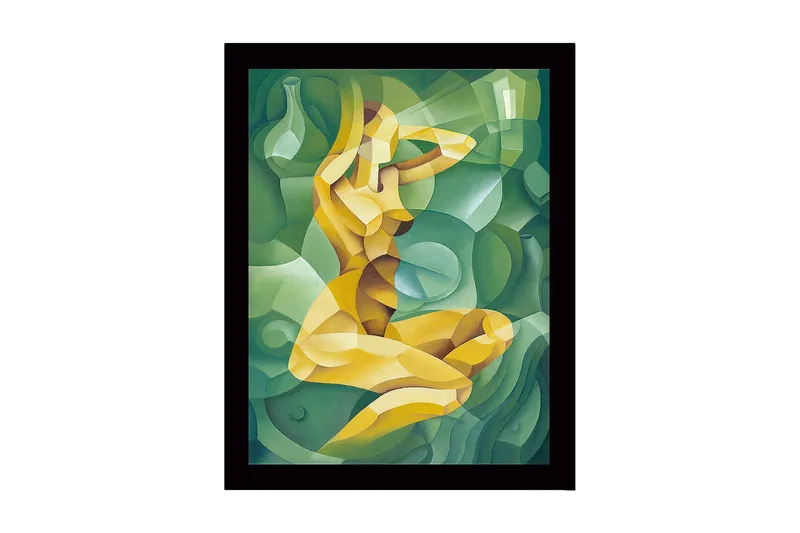 Inramad Canvastavla i trä - 41x56 cm - Abstrakt figur av en kvinna i en kurvig komposition, Grön / Gul / Ljusgrön