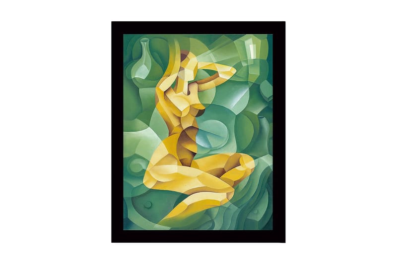 Inramad Canvastavla i trä - 41x56 cm - Abstrakt figur av en kvinna i en kurvig komposition, Grön / Gul / Ljusgrön