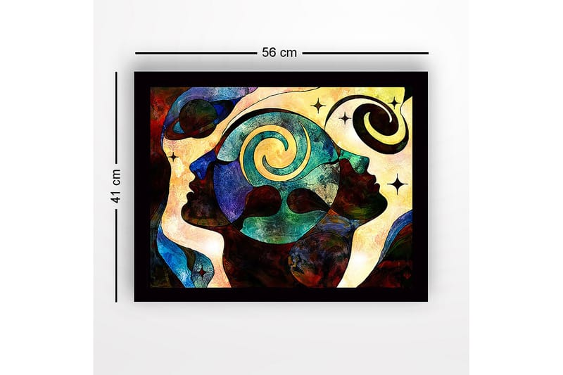Inramad Canvastavla i trä - 41x56 cm - Abstrakt komposition av ansikten med spiraler och stjärnor - Mörkblå / Turkos / Röd - Inredning - Tavlor & konst
