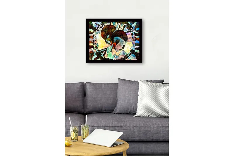 Inramad Canvastavla i trä - 41x56 cm - Abstrakt komposition av två ansikten som förenas - Mörkbrun / Ljusblå / Beige - Inredning - Tavlor & konst