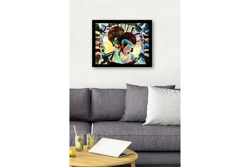 Inramad Canvastavla i trä - 41x56 cm - Abstrakt komposition av två ansikten som förenas - Mörkbrun / Ljusblå / Beige - Inredning - Tavlor & konst