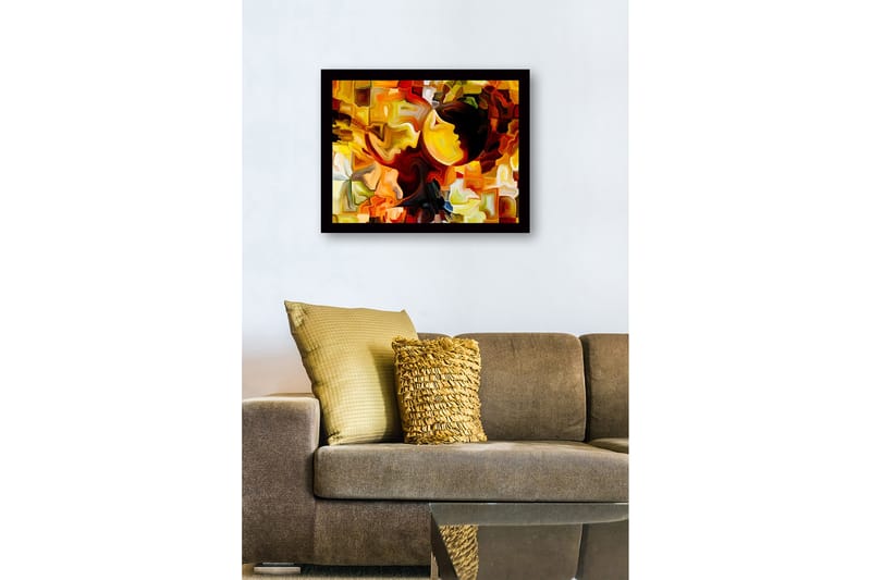 Inramad Canvastavla i trä - 41x56 cm - Abstrakt komposition med ansikten i kontrasterande färger - Guld / Orange / Mörkbrun - Inredning - Tavlor & konst