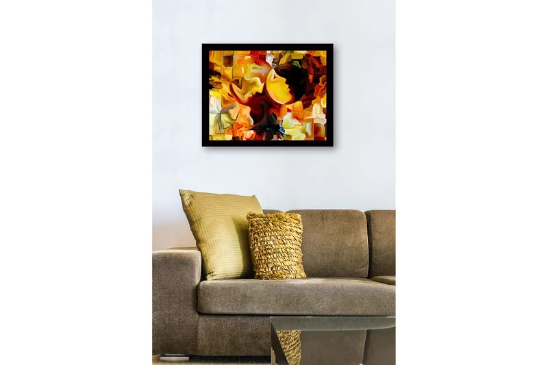 Inramad Canvastavla i trä - 41x56 cm - Abstrakt komposition med ansikten i kontrasterande färger - Guld / Orange / Mörkbrun - Inredning - Tavlor & konst