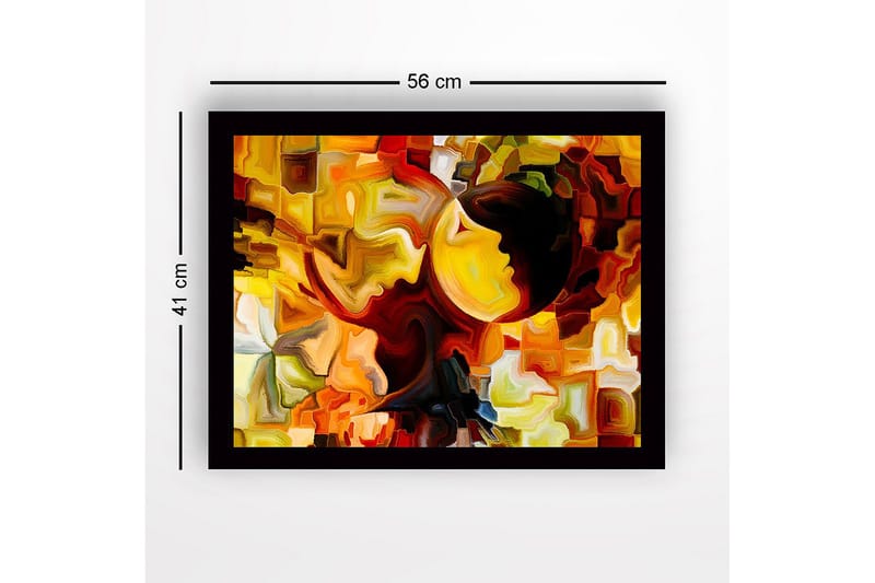 Inramad Canvastavla i trä - 41x56 cm - Abstrakt komposition med ansikten i kontrasterande färger - Guld / Orange / Mörkbrun - Inredning - Tavlor & konst