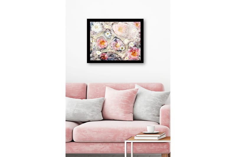 Inramad Canvastavla i trä - 41x56 cm - Abstrakt komposition med blommor i mjuka färger - Rosa / Vit / Grå - Inredning - Tavlor & konst