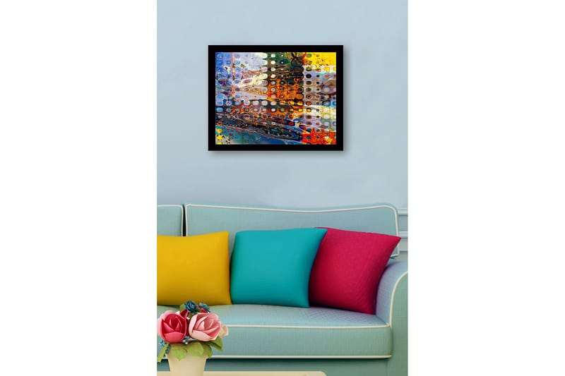 Inramad Canvastavla i trä - 41x56 cm - Abstrakt komposition med cirkulära former och färgglada mönster - Blå / Orange / Gul - Inredning - Tavlor & konst