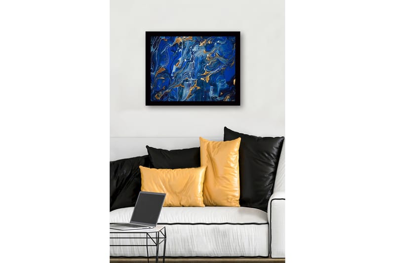 Inramad Canvastavla i trä - 41x56 cm - Abstrakt komposition med djupa blå nyanser och guldinslag - Mörkblå / Ljusblå / Guld - Inredning - Tavlor & konst