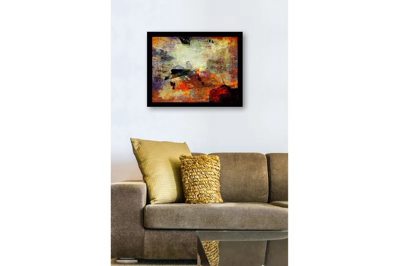 Inramad Canvastavla i trä - 41x56 cm - Abstrakt komposition med färgade former och texturer - Röd / Orange / Blå - Inredning - Tavlor & konst