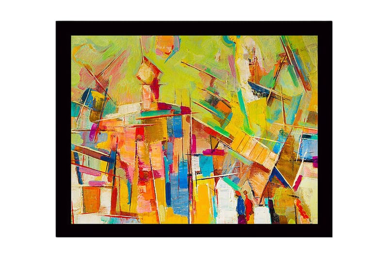 Inramad Canvastavla i trä - 41x56 cm - Abstrakt komposition med färgglada geometriska former - Gul / Orange / Blå - Inredning - Tavlor & konst