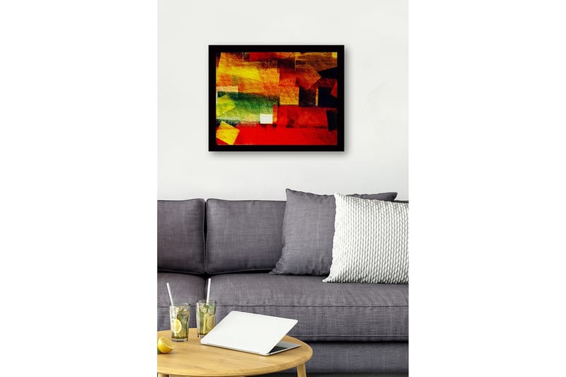 Inramad Canvastavla i trä - 41x56 cm - Abstrakt komposition med färgglada geometriska former - Röd / Gul / Grön - Inredning - Tavlor & konst