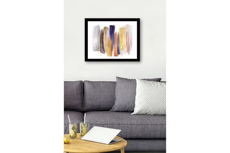 Inramad Canvastavla i trä - 41x56 cm - Abstrakt komposition med färgglada penseldrag - Guld / Blå / Grå - Inredning - Tavlor & konst