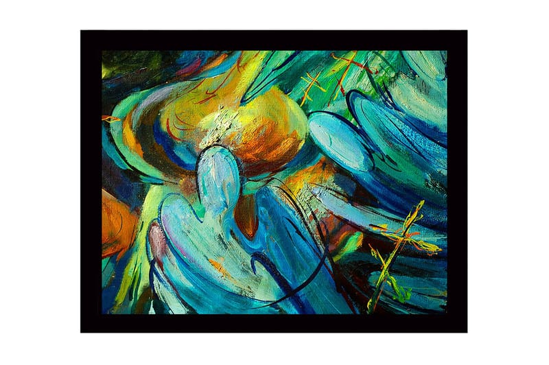 Inramad Canvastavla i trä - 41x56 cm - Abstrakt komposition med flytande former och färger, Turkos / Orange / Grön