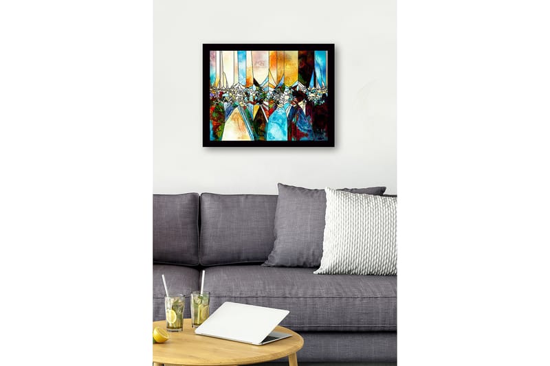 Inramad Canvastavla i trä - 41x56 cm - Abstrakt komposition med geometriska former och färgade sektioner - Blå / Orange / Grön - Inredning - Tavlor & konst