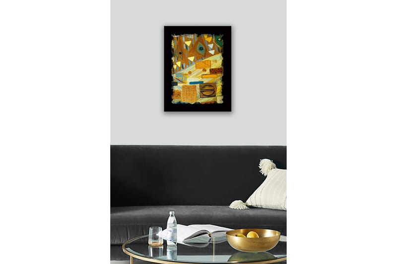 Inramad Canvastavla i trä - 41x56 cm - Abstrakt komposition med geometriska former och mönster - Guld / Brun / Grön - Inredning - Tavlor & konst
