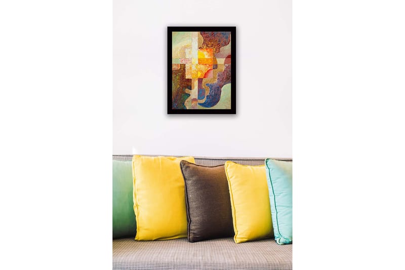 Inramad Canvastavla i trä - 41x56 cm - Abstrakt komposition med geometriska former och varma färger - Guld / Brunt / Beige - Inredning - Tavlor & konst