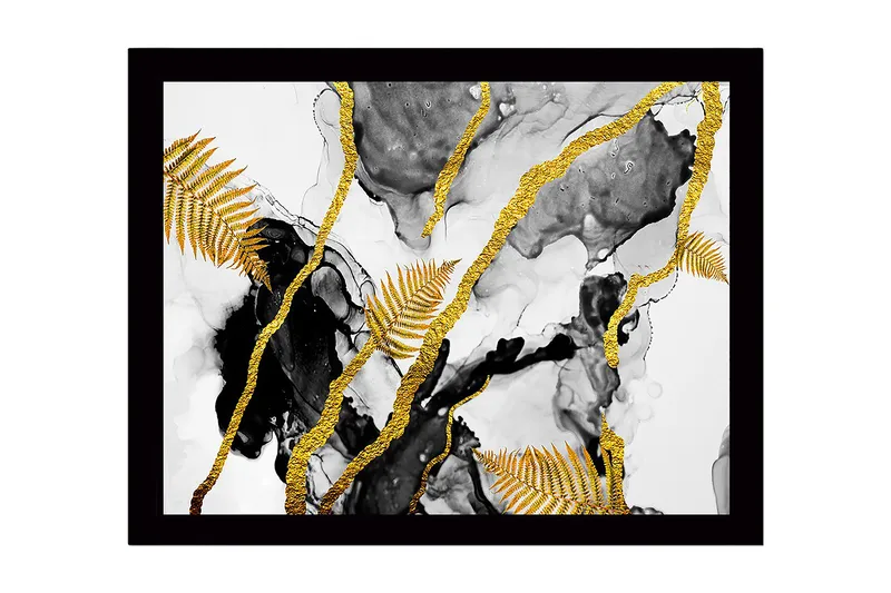 Inramad Canvastavla i trä - 41x56 cm - Abstrakt komposition med guldiga ormbunksblad och svarta inslag, Guld / Svart / Grå