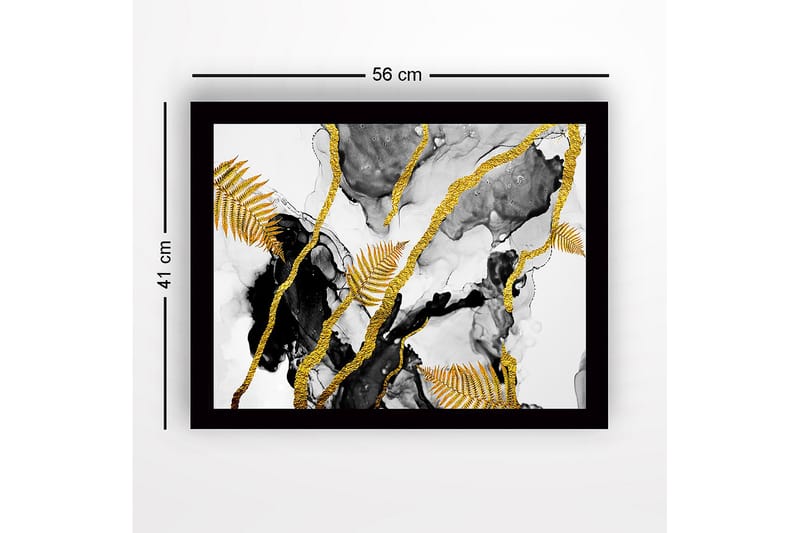 Inramad Canvastavla i trä - 41x56 cm - Abstrakt komposition med guldiga ormbunksblad och svarta inslag - Guld / Svart / Grå - Inredning - Tavlor & konst