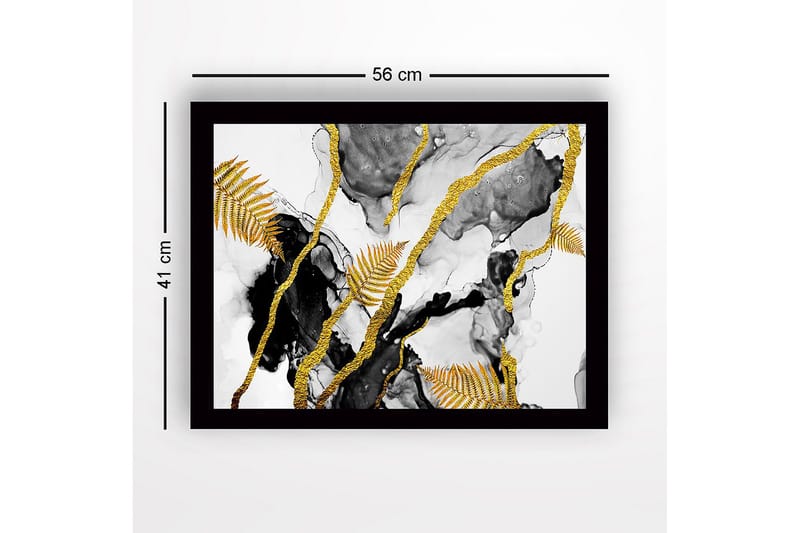 Inramad Canvastavla i trä - 41x56 cm - Abstrakt komposition med guldiga ormbunksblad och svarta inslag - Guld / Svart / Grå - Inredning - Tavlor & konst