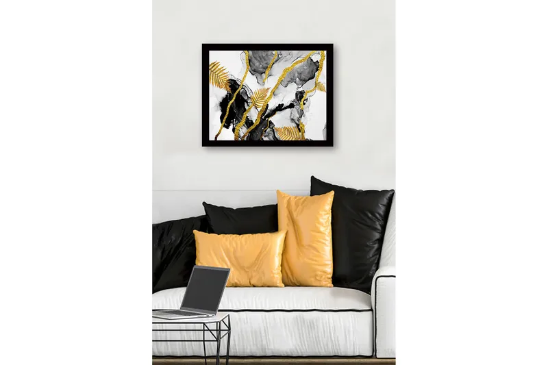 Inramad Canvastavla i trä - 41x56 cm - Abstrakt komposition med guldiga ormbunksblad och svarta inslag - Guld / Svart / Grå - Inredning - Tavlor & konst
