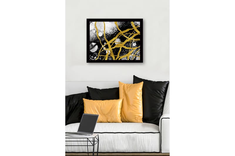 Inramad Canvastavla i trä - 41x56 cm - Abstrakt komposition med gyllene linjer och svarta och vita inslag - Guld / Svart / Vitt - Inredning - Tavlor & konst