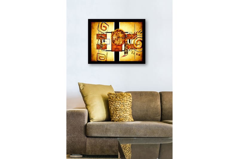 Inramad Canvastavla i trä - 41x56 cm - Abstrakt komposition med solsymbolik och geometriska former - Guld / Orange / Brun - Inredning - Tavlor & konst