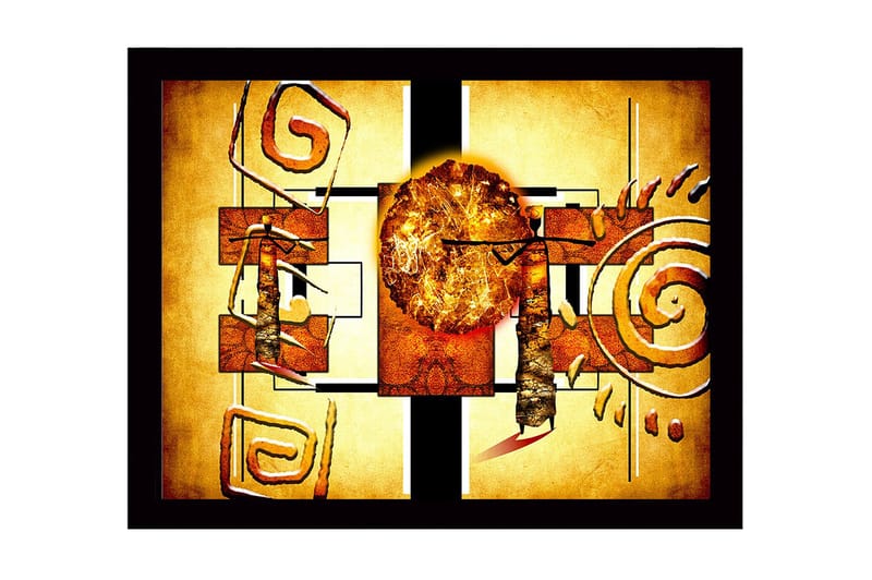 Inramad Canvastavla i trä - 41x56 cm - Abstrakt komposition med solsymbolik och geometriska former - Guld / Orange / Brun - Inredning - Tavlor & konst