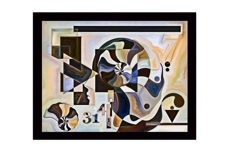 Inramad Canvastavla i trä - 41x56 cm - Abstrakt komposition med spiraler och geometriska former, Svart / Vit / Brun