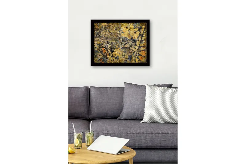 Inramad Canvastavla i trä - 41x56 cm - Abstrakt komposition med växtmotiv och texturer - Guld / Mörkblå / Orange - Inredning - Tavlor & konst