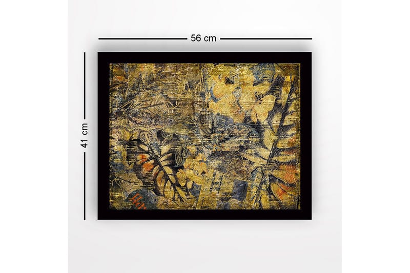 Inramad Canvastavla i trä - 41x56 cm - Abstrakt komposition med växtmotiv och texturer - Guld / Mörkblå / Orange - Inredning - Tavlor & konst