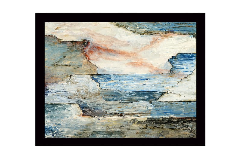 Inramad Canvastavla i trä - 41x56 cm - Abstrakt landskap med hav och klippor, Blå / Grå / Beige