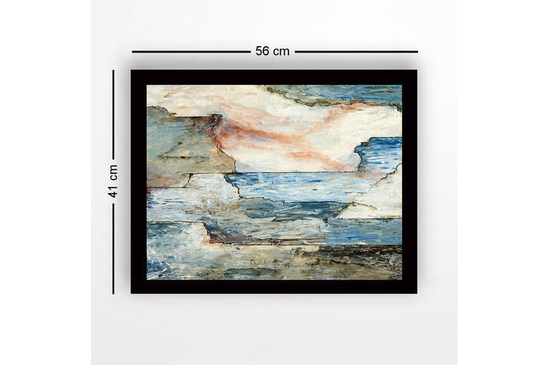 Inramad Canvastavla i trä - 41x56 cm - Abstrakt landskap med hav och klippor - Blå / Grå / Beige - Inredning - Tavlor & konst