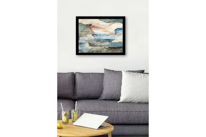 Inramad Canvastavla i trä - 41x56 cm - Abstrakt landskap med hav och klippor - Blå / Grå / Beige - Inredning - Tavlor & konst