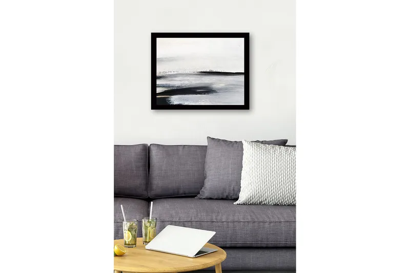 Inramad Canvastavla i trä - 41x56 cm - Abstrakt landskap med mjuka, svepande linjer - Vit / Svart / Grå - Inredning - Tavlor & konst