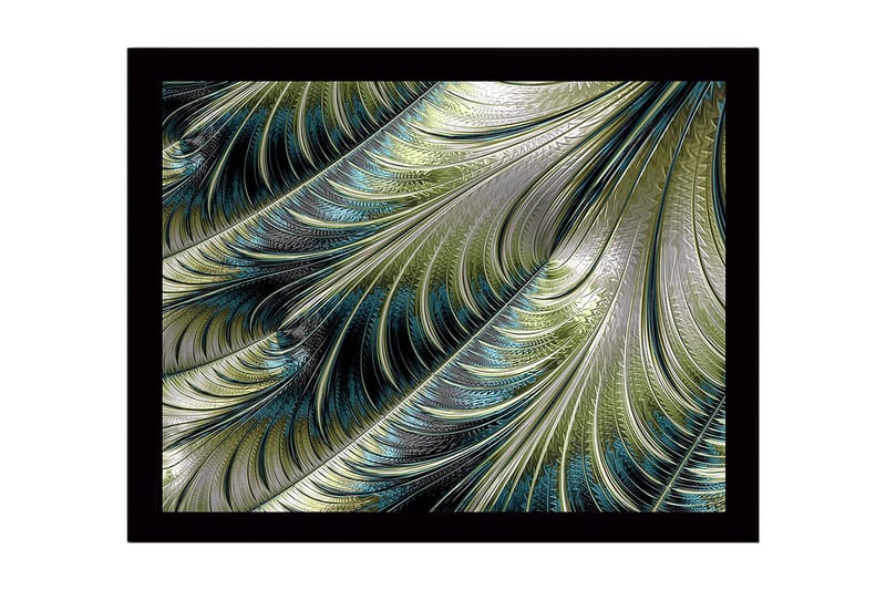 Inramad Canvastavla i trä - 41x56 cm - Abstrakt mönster av svävande fjädrar i olika nyanser - Grön / Blå / Silver - Inredning - Tavlor & konst
