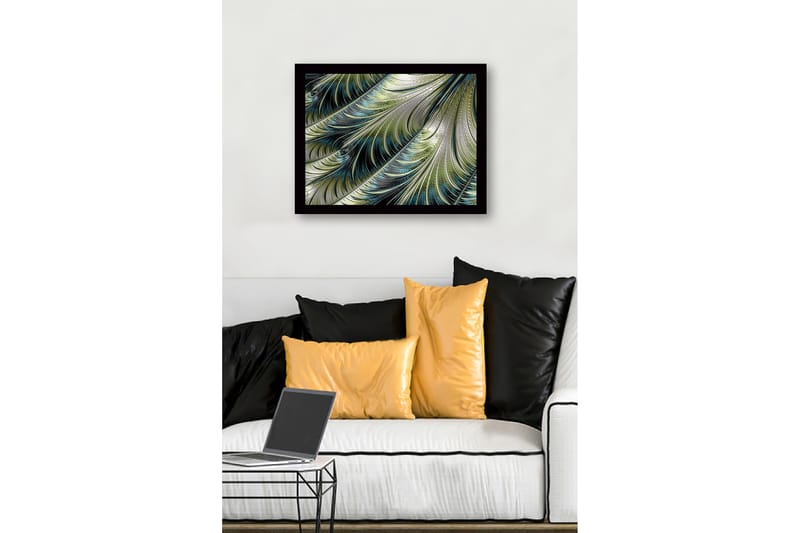 Inramad Canvastavla i trä - 41x56 cm - Abstrakt mönster av svävande fjädrar i olika nyanser - Grön / Blå / Silver - Inredning - Tavlor & konst