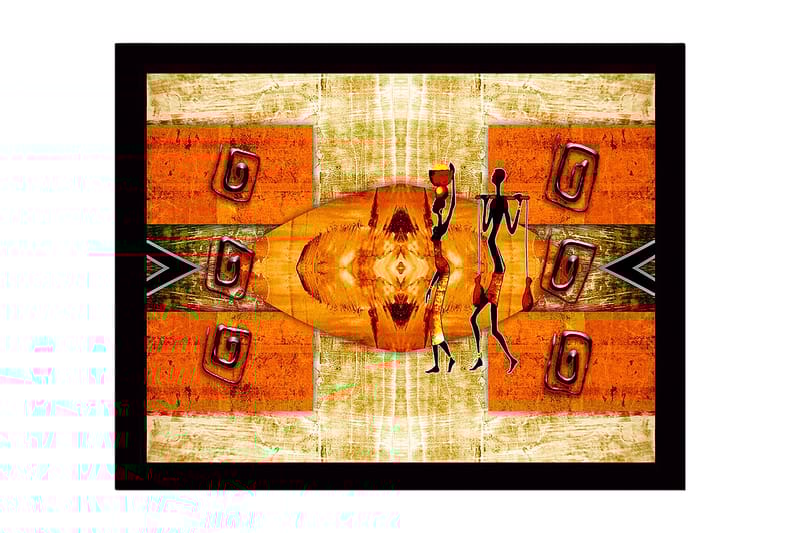 Inramad Canvastavla i trä - 41x56 cm - Abstrakt scen med stiliserade figurer som bär vattenkrukor, Orange / Svart / Beige