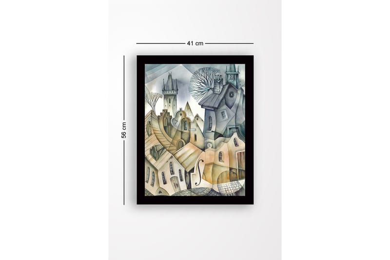 Inramad Canvastavla i trä - 41x56 cm - Abstrakt stadslandskap med böljande hus och torn - Grå / Beige / Ljusblå - Inredning - Tavlor & konst