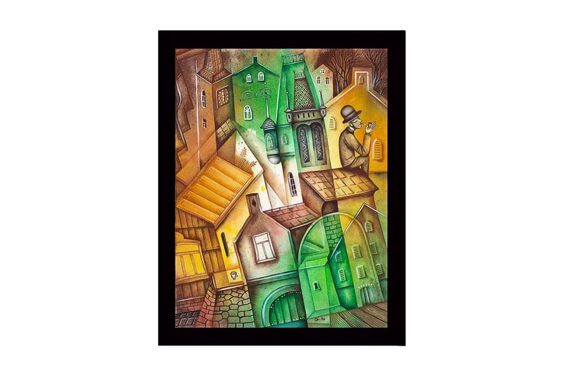 Inramad Canvastavla i trä - 41x56 cm - Abstrakt stadslandskap med vinklade byggnader och en man i hatt - Grön / Brun / Gul - Inredning - Tavlor & konst