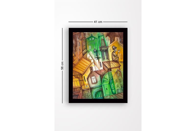 Inramad Canvastavla i trä - 41x56 cm - Abstrakt stadslandskap med vinklade byggnader och en man i hatt - Grön / Brun / Gul - Inredning - Tavlor & konst