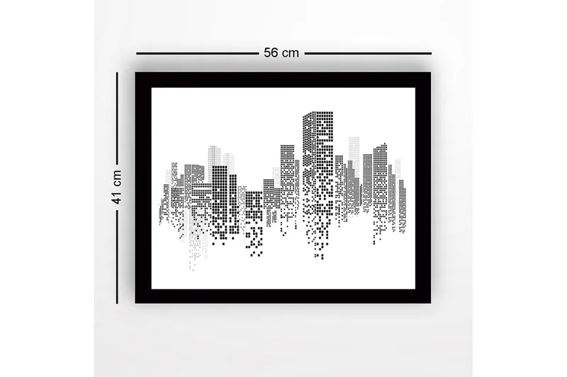 Inramad Canvastavla i trä - 41x56 cm - Abstrakt stadslandskap med pixelerade byggnader - Svart / Vitt / Grått - Inredning - Tavlor & konst