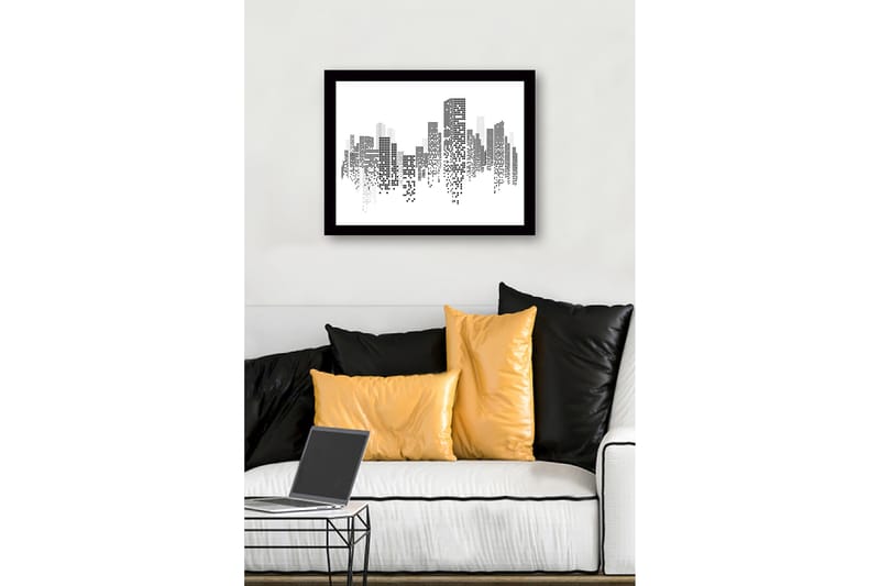 Inramad Canvastavla i trä - 41x56 cm - Abstrakt stadslandskap med pixelerade byggnader - Svart / Vitt / Grått - Inredning - Tavlor & konst