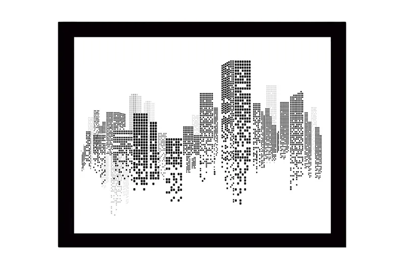 Inramad Canvastavla i trä - 41x56 cm - Abstrakt stadslandskap med pixelerade byggnader - Svart / Vitt / Grått - Inredning - Tavlor & konst