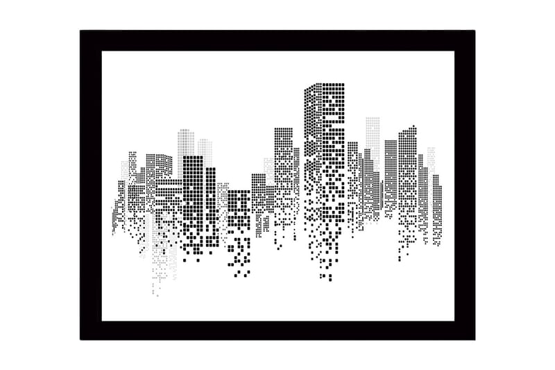 Inramad Canvastavla i trä - 41x56 cm - Abstrakt stadslandskap med pixelerade byggnader - Svart / Vitt / Grått - Inredning - Tavlor & konst