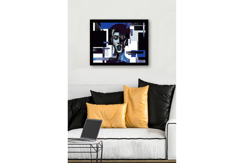 Inramad Canvastavla i trä - 41x56 cm - Abstrakt porträtt av en kvinna med geometriska former och starka kontraster - Mörkblå / Svart / Vit - Inredning - Tavlor & konst