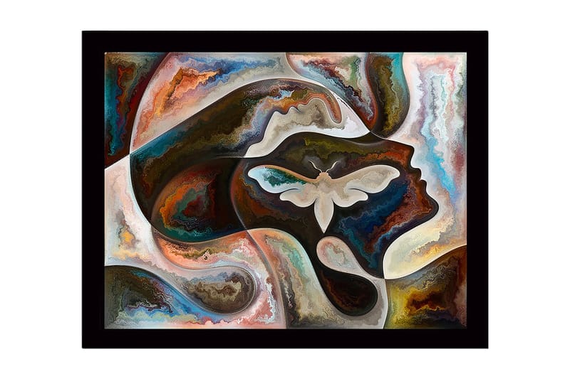 Inramad Canvastavla i trä - 41x56 cm - Abstrakt porträtt med en fjäril i fokus - Mörkbrun / Beige / Turkos - Inredning - Tavlor & konst