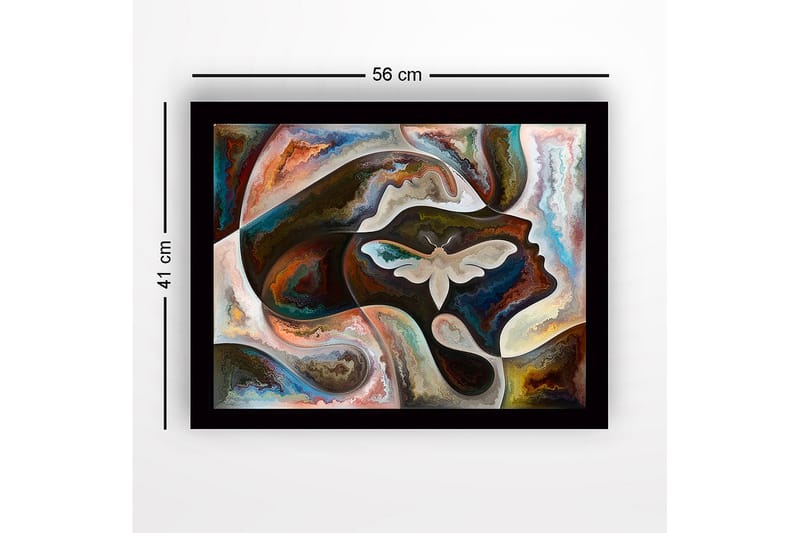 Inramad Canvastavla i trä - 41x56 cm - Abstrakt porträtt med en fjäril i fokus - Mörkbrun / Beige / Turkos - Inredning - Tavlor & konst